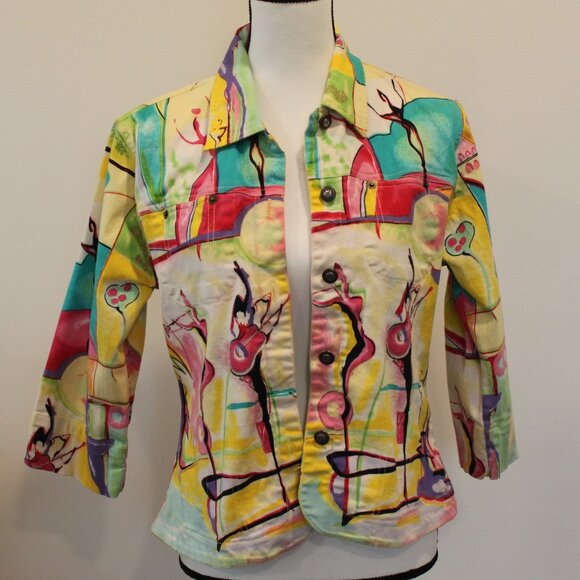 Kaktus Multicolor Abstract Musical Jean Jacket Sz Medium - Picture 1 of 9